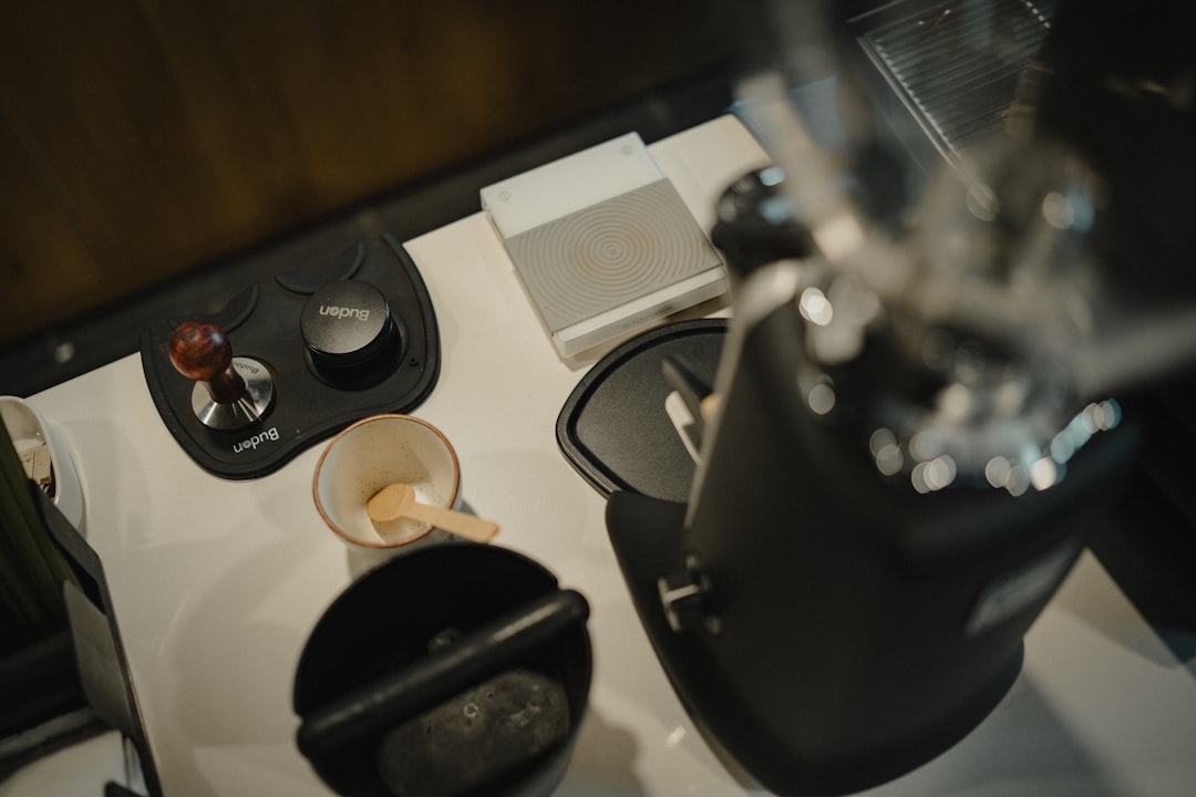 Espresso machine and coffee making tools on counter