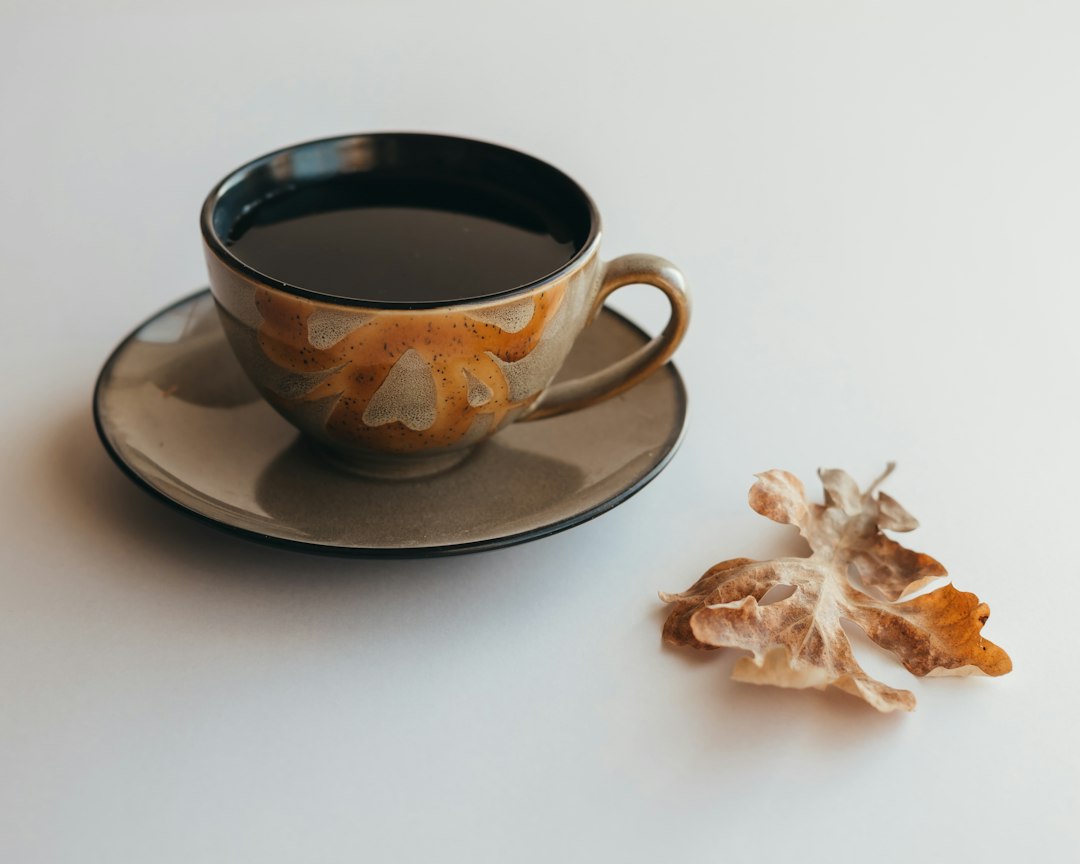 A glazed ceramic cup of black coffee on a matching saucer beside a dried, vein-textured leaf on a plain white surface