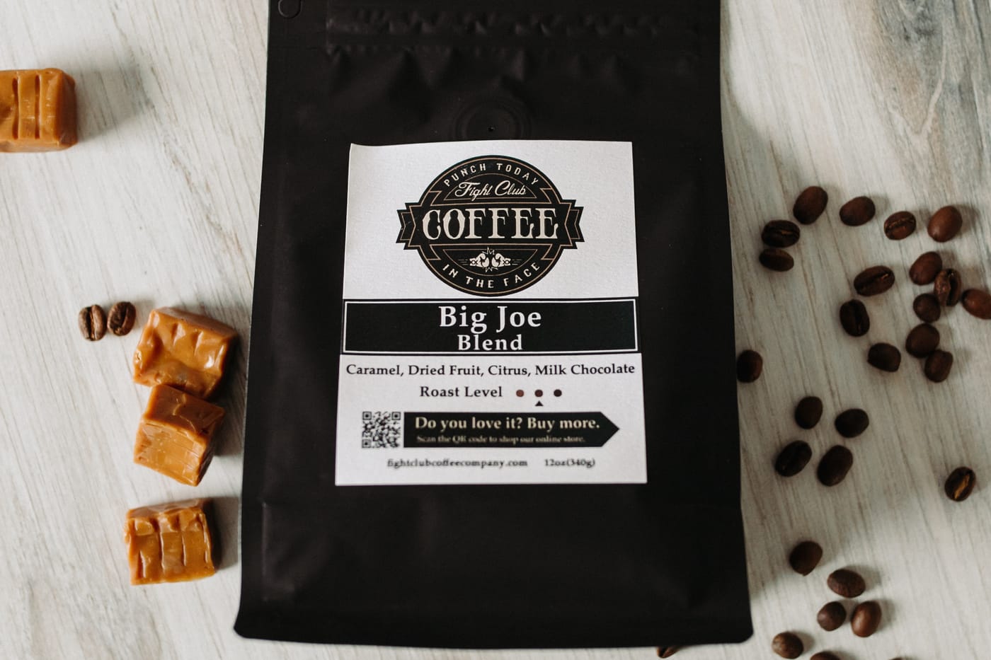 Big Joe Blend coffee bag with caramel and coffee beans