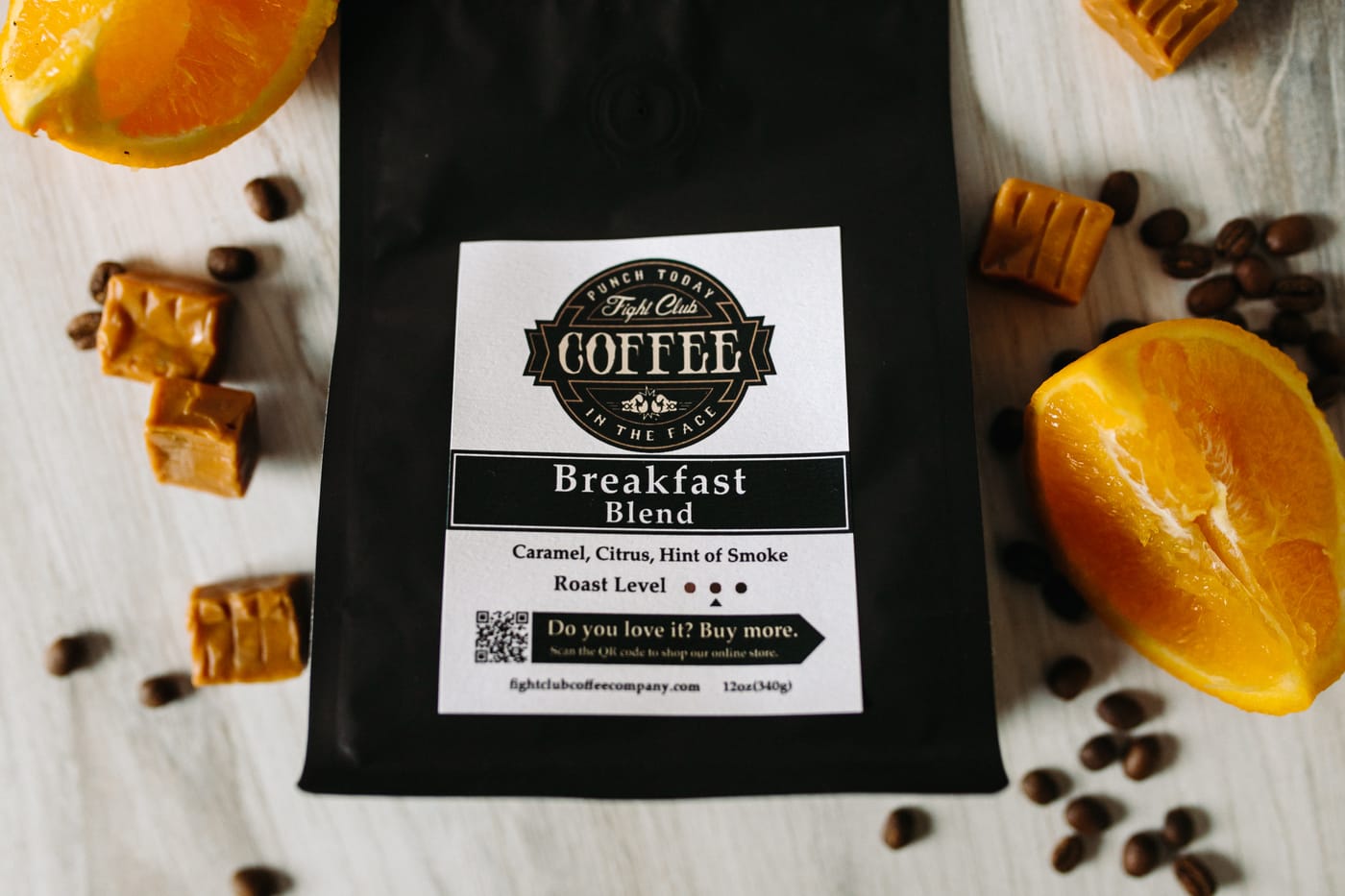 Black Eye Breakfast Blend coffee bag with orange and caramel