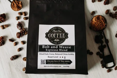 Bob and Weave Espresso Blend coffee bag with dried fruit and cocoa