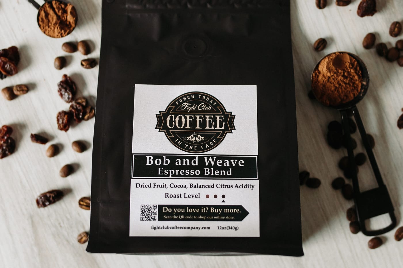 Bob and Weave Espresso Blend coffee bag with dried fruit and cocoa