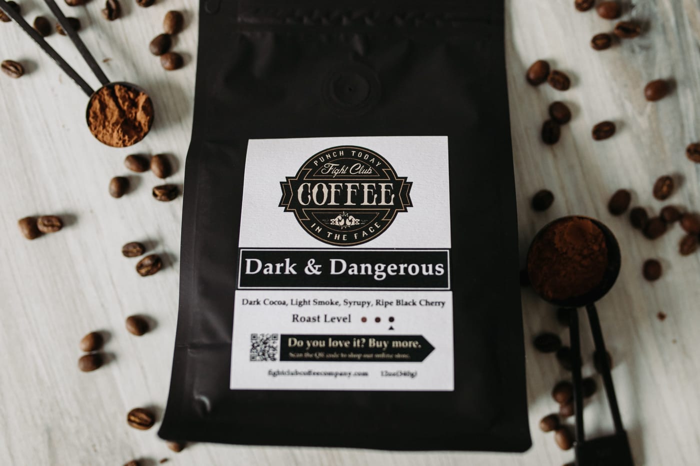 Dark and Dangerous Blend coffee bag with cocoa