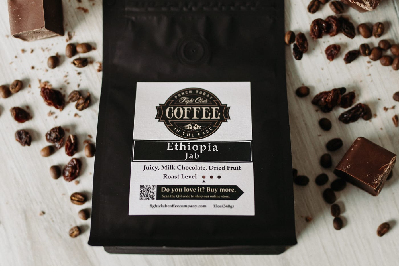 Ethiopia Jab coffee bag with chocolate and dried fruit
