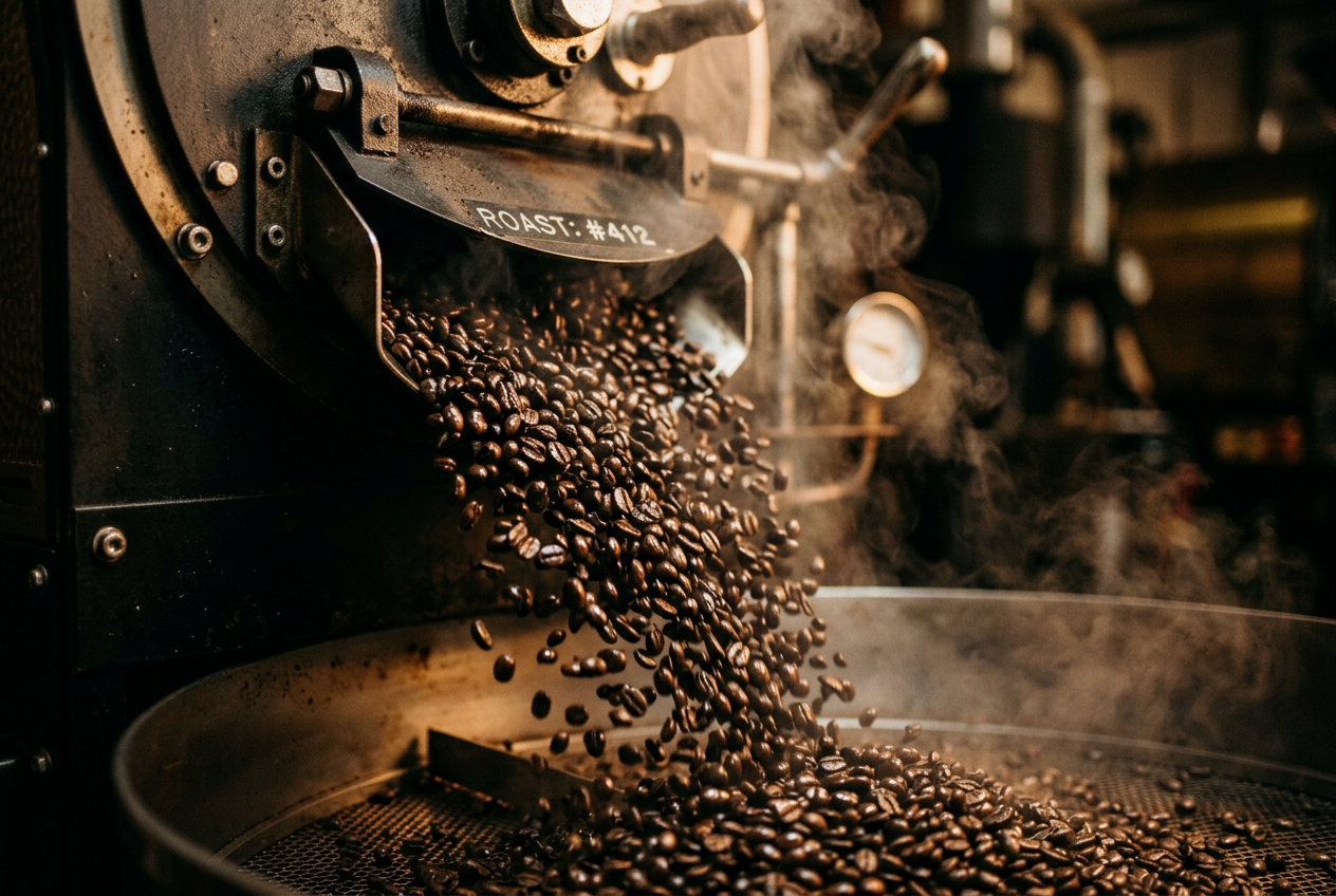 Fresh roasted coffee beans spilling across a dark surface