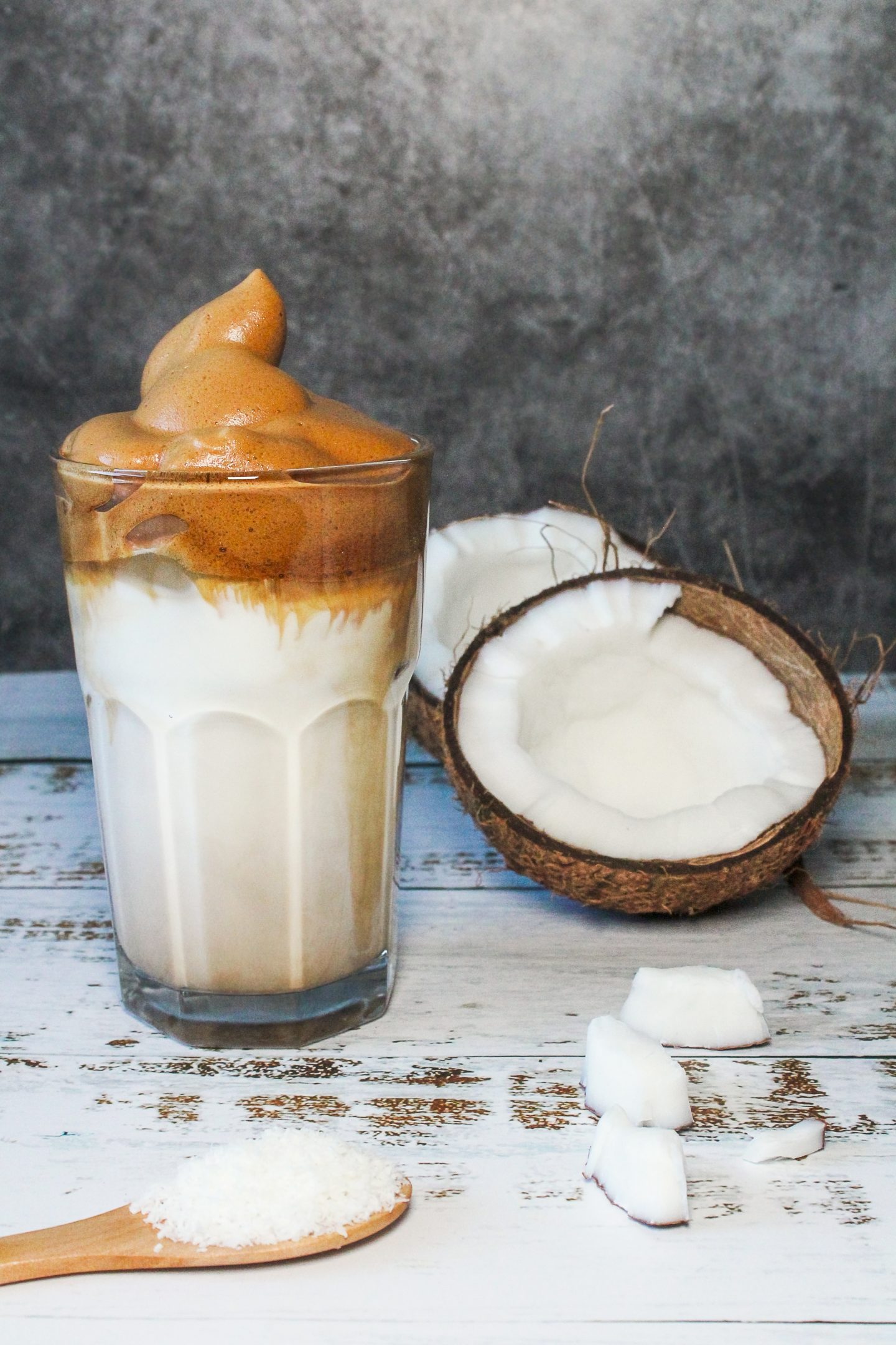 Iced dalgona coffee drink with whipped coffee foam