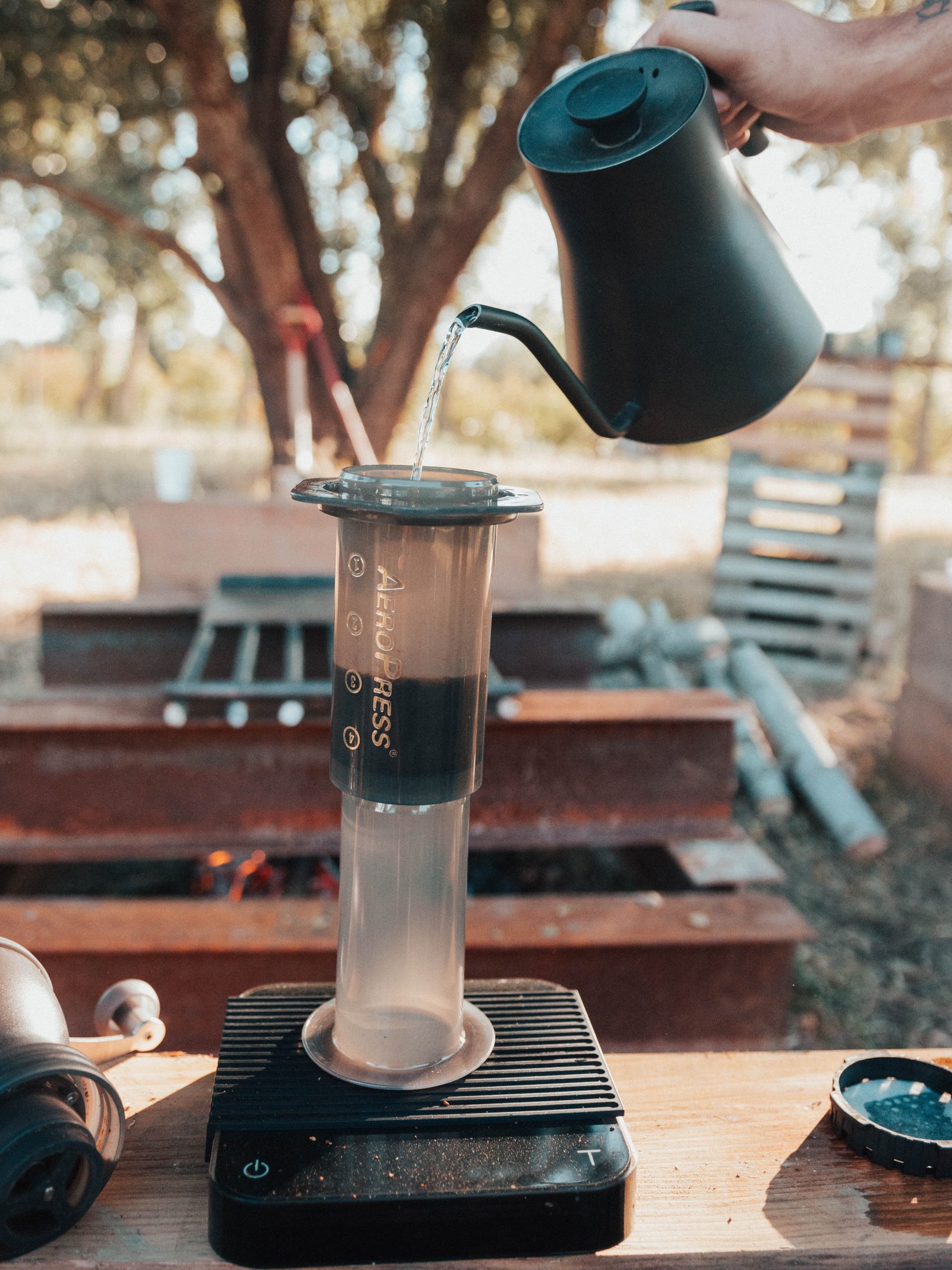 Hot water being poured for a manual coffee brew